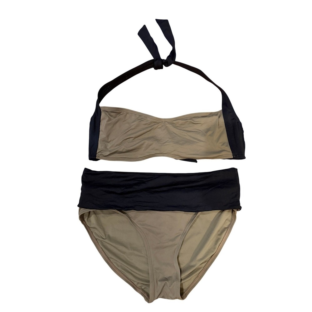 DKNY Womens Bikini‎ Set Tan Black Bandeau Halter High Waist Fold Over Size Large